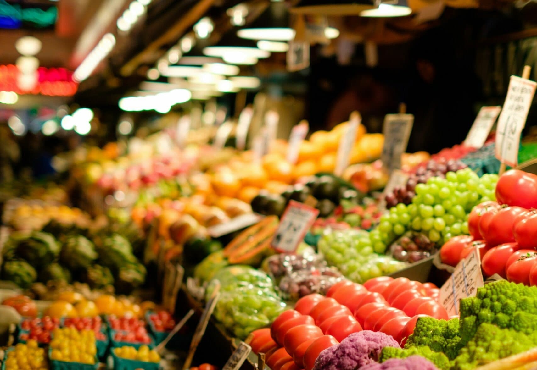 produce area of a supermarket with fruits and vegetables