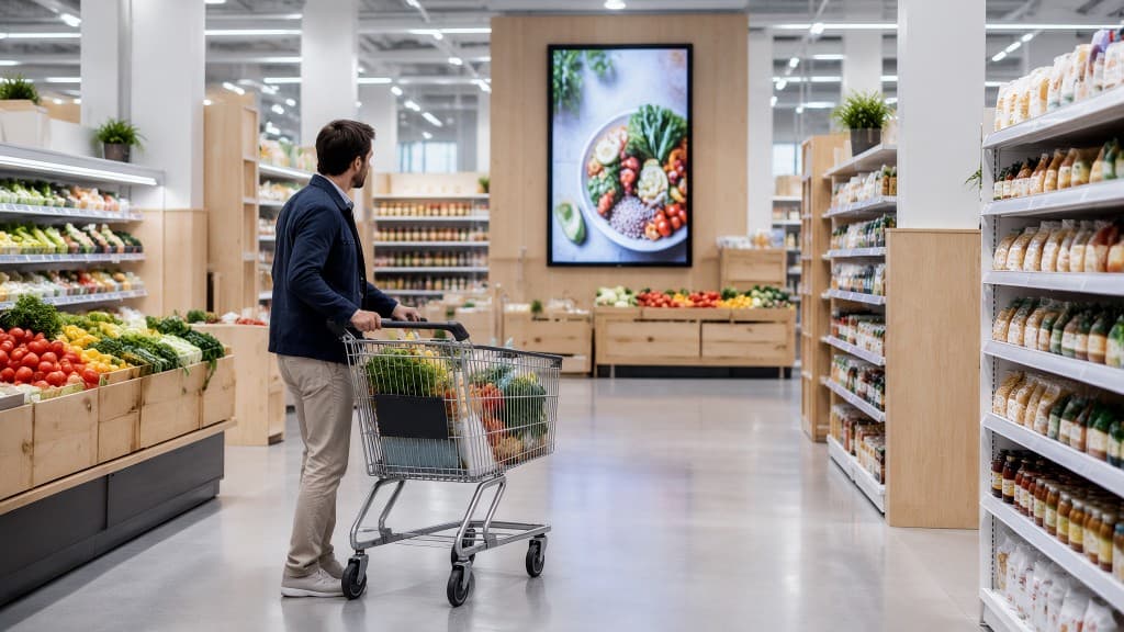 A shopper in a navy jacket stands with a trolley in a wide grocery aisle, facing a large screen that shows a bowl of vegetables