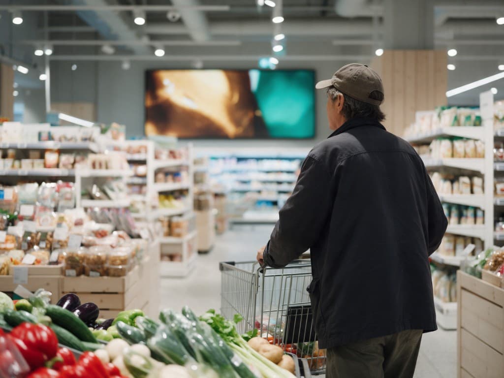 A shopper with a trolley facing a large digital screen across a grocery floor