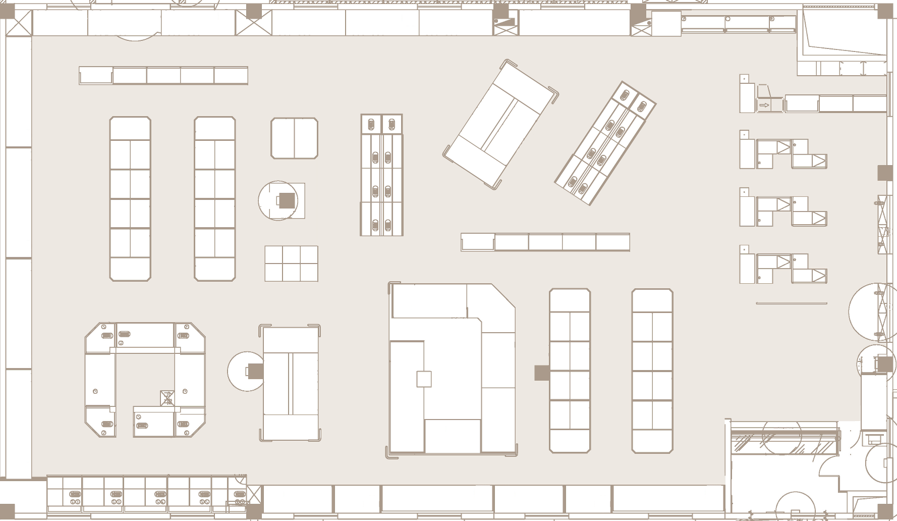 Representation of a free form layout. They have open spaces, with no traffic patterns defined