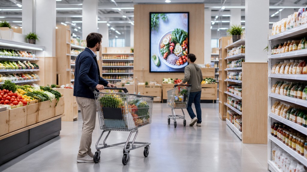 One shopper stands with a trolley while another walks away down the aisle, with a large screen on the far wall