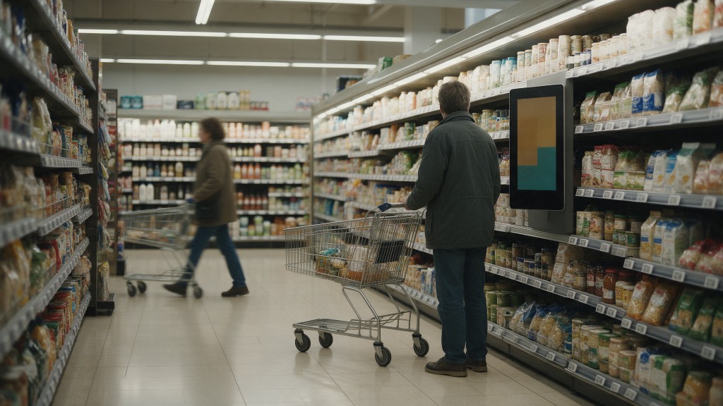 One shopper pausing at a grocery screen while another walks past