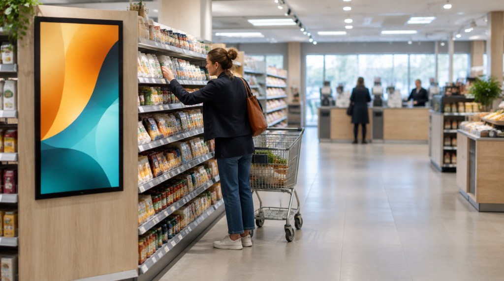 The path from an in-store screen, past the promoted shelf, toward checkout